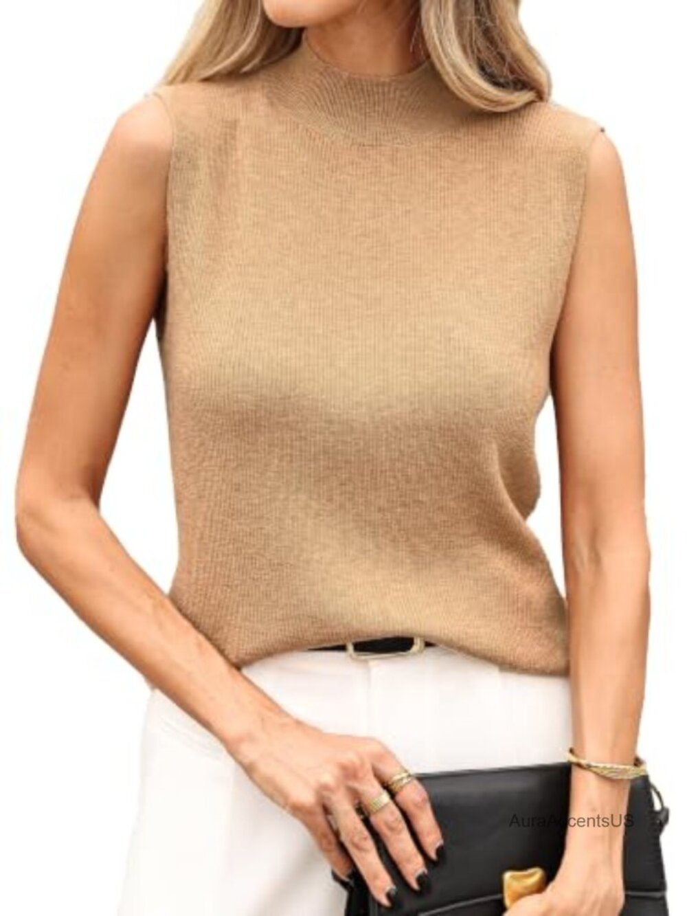 Women Merino Wool Sleeveless Mock Turtleneck Ribbed Knit Top Sweater